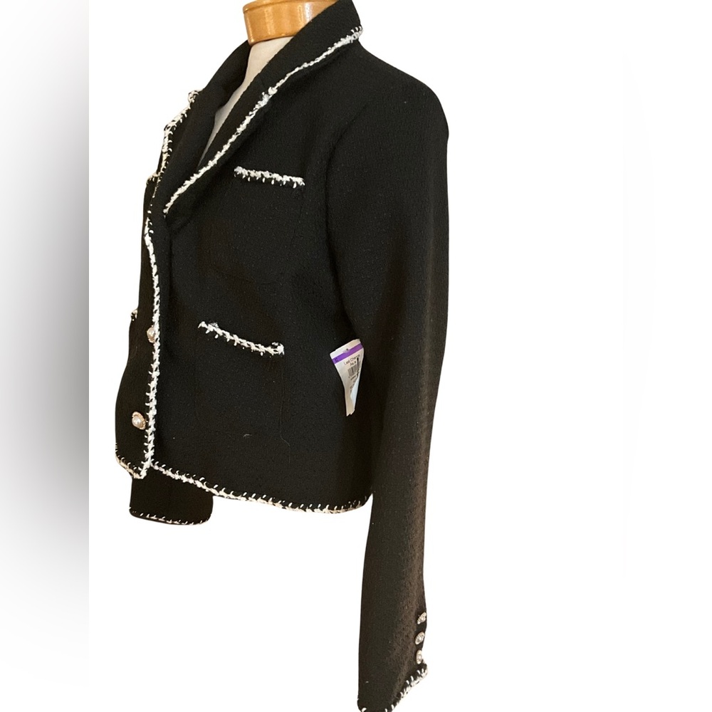 Ellen Tracy Black Boucle Blazer Pearl Buttons NWT L French Style Tweed Trim - Picture 3 of 14